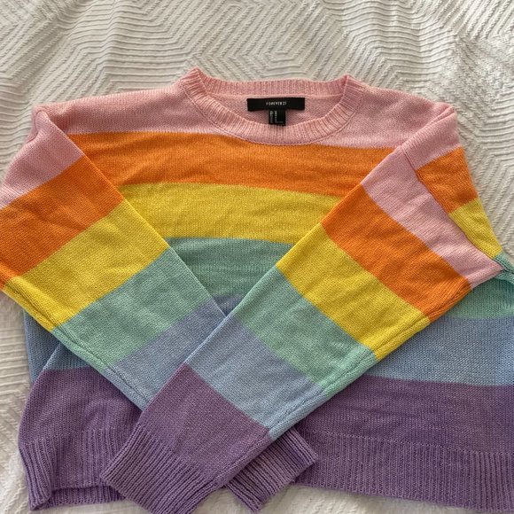 ❌SOLD❌ Forever 21 Boxy Pastel Rainbow Colorblock Stripe Sweater - Picture 3 of 10